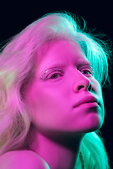 Image showing Portrait of beautiful albino girl isolated on dark studio background in neon light