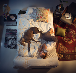 Image showing Portrait of a woman, female breeder sleeping in the bed with her dog at home