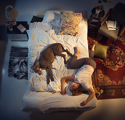 Image showing Portrait of a woman, female breeder sleeping in the bed with her dog at home