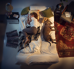 Image showing Portrait of a woman, female breeder sleeping in the bed with her dog at home