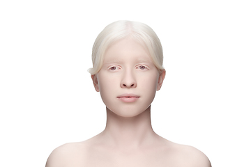 Image showing Portrait of beautiful albino woman isolated on white studio background. Beauty, fashion, skincare, cosmetics concept.