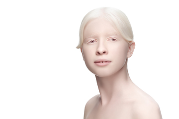 Image showing Portrait of beautiful albino woman isolated on white studio background. Beauty, fashion, skincare, cosmetics concept.