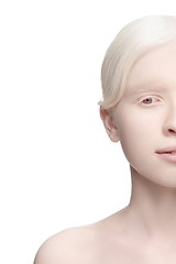 Image showing Portrait of beautiful albino woman isolated on white studio background. Beauty, fashion, skincare, cosmetics concept.