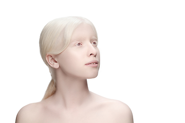 Image showing Portrait of beautiful albino woman isolated on white studio background. Beauty, fashion, skincare, cosmetics concept.