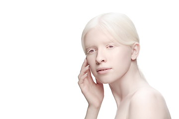 Image showing Portrait of beautiful albino woman isolated on white studio background. Beauty, fashion, skincare, cosmetics concept.