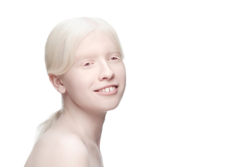 Image showing Portrait of beautiful albino woman isolated on white studio background. Beauty, fashion, skincare, cosmetics concept.