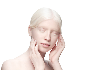 Image showing Portrait of beautiful albino woman isolated on white studio background. Beauty, fashion, skincare, cosmetics concept.