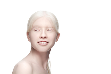 Image showing Portrait of beautiful albino woman isolated on white studio background. Beauty, fashion, skincare, cosmetics concept.