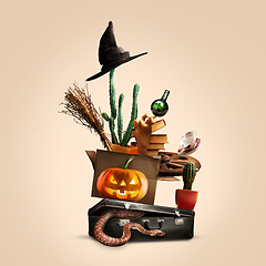 Image showing Collage of halloween witches\' equipment on soft brown background, Saints\' Eve mood