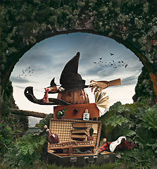 Image showing Collage of halloween witches\' equipment on meadow and sky, Saints\' Eve mood