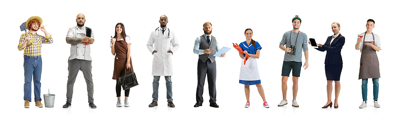 Image showing Group of people with different professions isolated on white studio background, horizontal