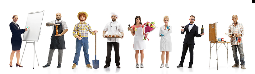 Image showing Group of people with different professions isolated on white studio background, horizontal