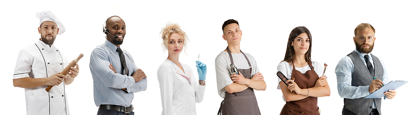 Image showing Group of people with different professions isolated on white studio background, horizontal