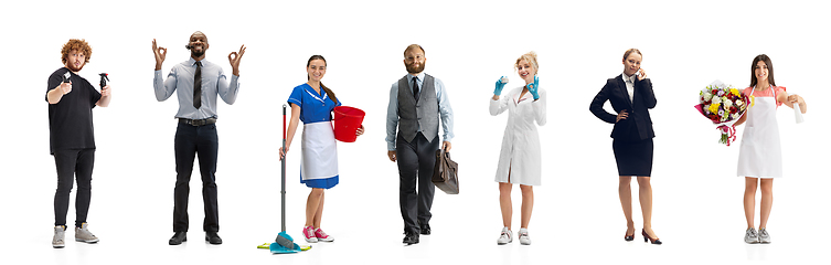 Image showing Group of people with different professions isolated on white studio background, horizontal