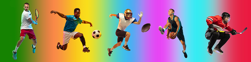 Image showing Sport collage of professional athletes on gradient multicolored background, flyer