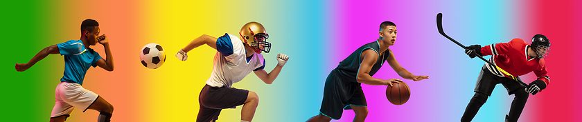 Image showing Sport collage of professional athletes on gradient multicolored background, flyer