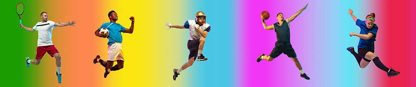 Image showing Sport collage of professional athletes on gradient multicolored background, flyer