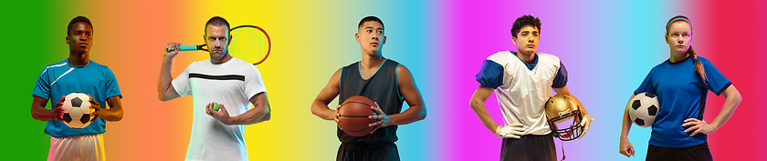 Image showing Sport collage of professional athletes on gradient multicolored background, flyer