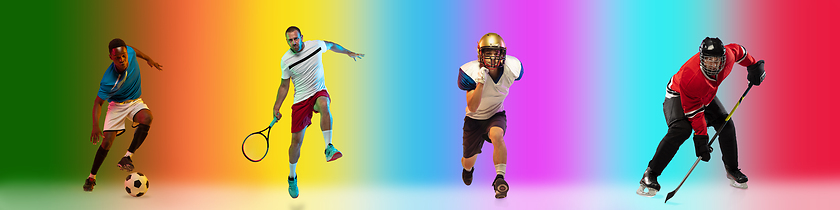 Image showing Sport collage of professional athletes on gradient multicolored background, flyer