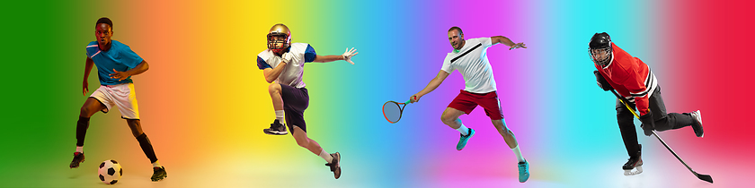 Image showing Sport collage of professional athletes on gradient multicolored background, flyer