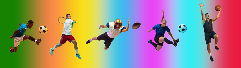 Image showing Sport collage of professional athletes on gradient multicolored background, flyer