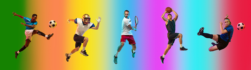 Image showing Sport collage of professional athletes on gradient multicolored background, flyer