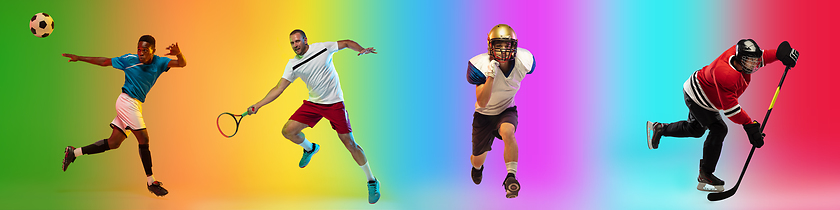 Image showing Sport collage of professional athletes on gradient multicolored background, flyer