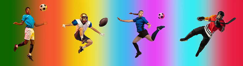 Image showing Sport collage of professional athletes on gradient multicolored background, flyer