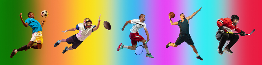 Image showing Sport collage of professional athletes on gradient multicolored background, flyer