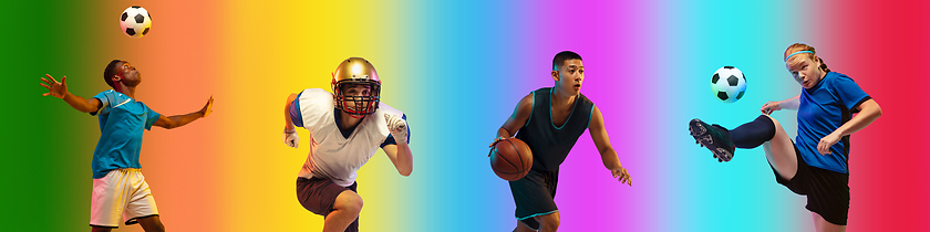 Image showing Sport collage of professional athletes on gradient multicolored background, flyer