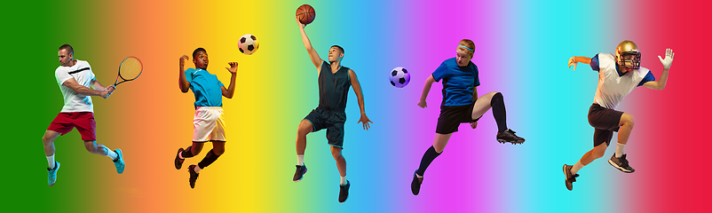 Image showing Sport collage of professional athletes on gradient multicolored background, flyer