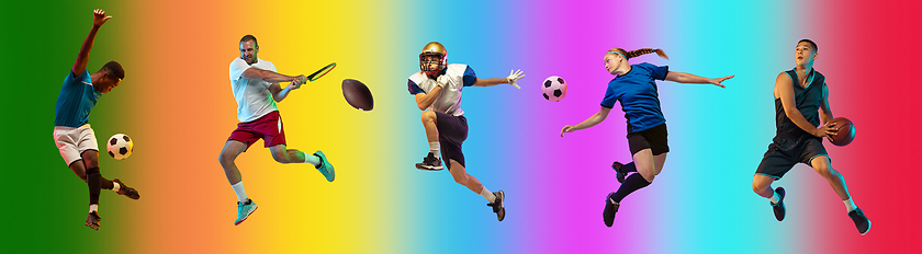 Image showing Sport collage of professional athletes on gradient multicolored background, flyer