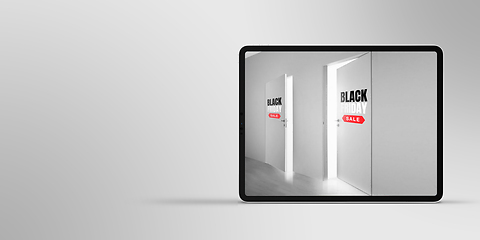 Image showing Device with door opening to invite for shopping, black friday, sales concept. Flyer with copyspace