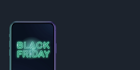 Image showing Device with neon lettering, black friday, sales concept. Flyer with copyspace. Dark neoned background