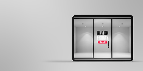 Image showing Device with door opening to invite for shopping, black friday, sales concept. Flyer with copyspace