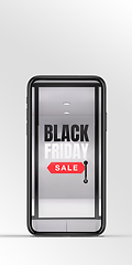 Image showing Device with door opening to invite for shopping, black friday, sales concept. Flyer with copyspace