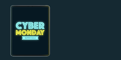 Image showing Device with neon lettering, black friday, sales concept. Flyer with copyspace. Dark neoned background