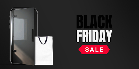Image showing Device with shopping bags, black friday, sales concept. Flyer with copyspace. Dark neoned background