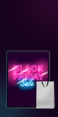 Image showing Device with shopping bags, black friday, sales concept. Flyer with copyspace. Dark neoned background