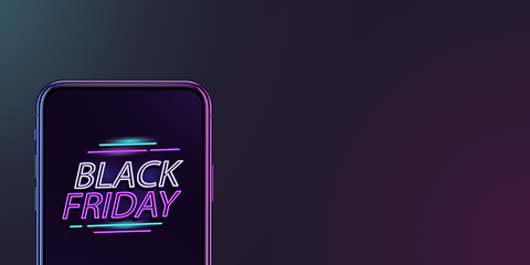 Image showing Device with neon lettering, black friday, sales concept. Flyer with copyspace. Dark neoned background