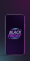 Image showing Device with neon lettering, black friday, sales concept. Flyer with copyspace. Dark neoned background