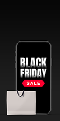 Image showing Device with shopping bags, black friday, sales concept. Flyer with copyspace. Dark neoned background