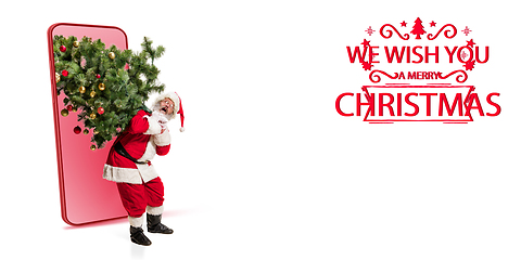 Image showing Emotional Santa Claus greeting with New Year 2021 and Christmas. Flyer with copyspace