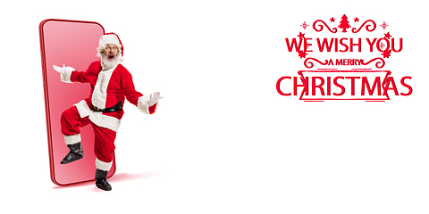 Image showing Emotional Santa Claus greeting with New Year 2021 and Christmas. Flyer with copyspace