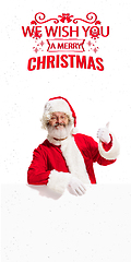 Image showing Emotional Santa Claus greeting with New Year 2021 and Christmas. Flyer with copyspace