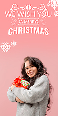 Image showing Girl hugging gifts, greeting with New Year 2021 and Christmas. Flyer with copyspace