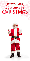 Image showing Emotional Santa Claus greeting with New Year 2021 and Christmas. Flyer with copyspace