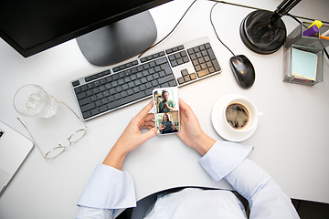 Image showing Remote working from home. Workplace in home office with PC, devices and gadgets.