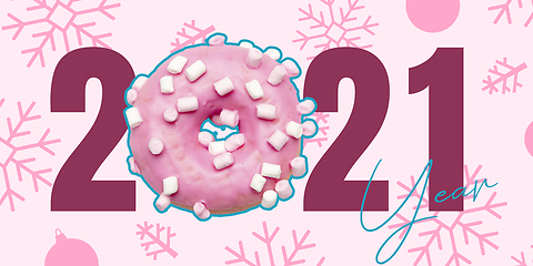 Image showing Greeting card made of donut for New Year 2021 and Christmas. Flyer with copyspace