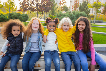 Image showing Interracial group of kids, girls and boys playing together at the park in summer day